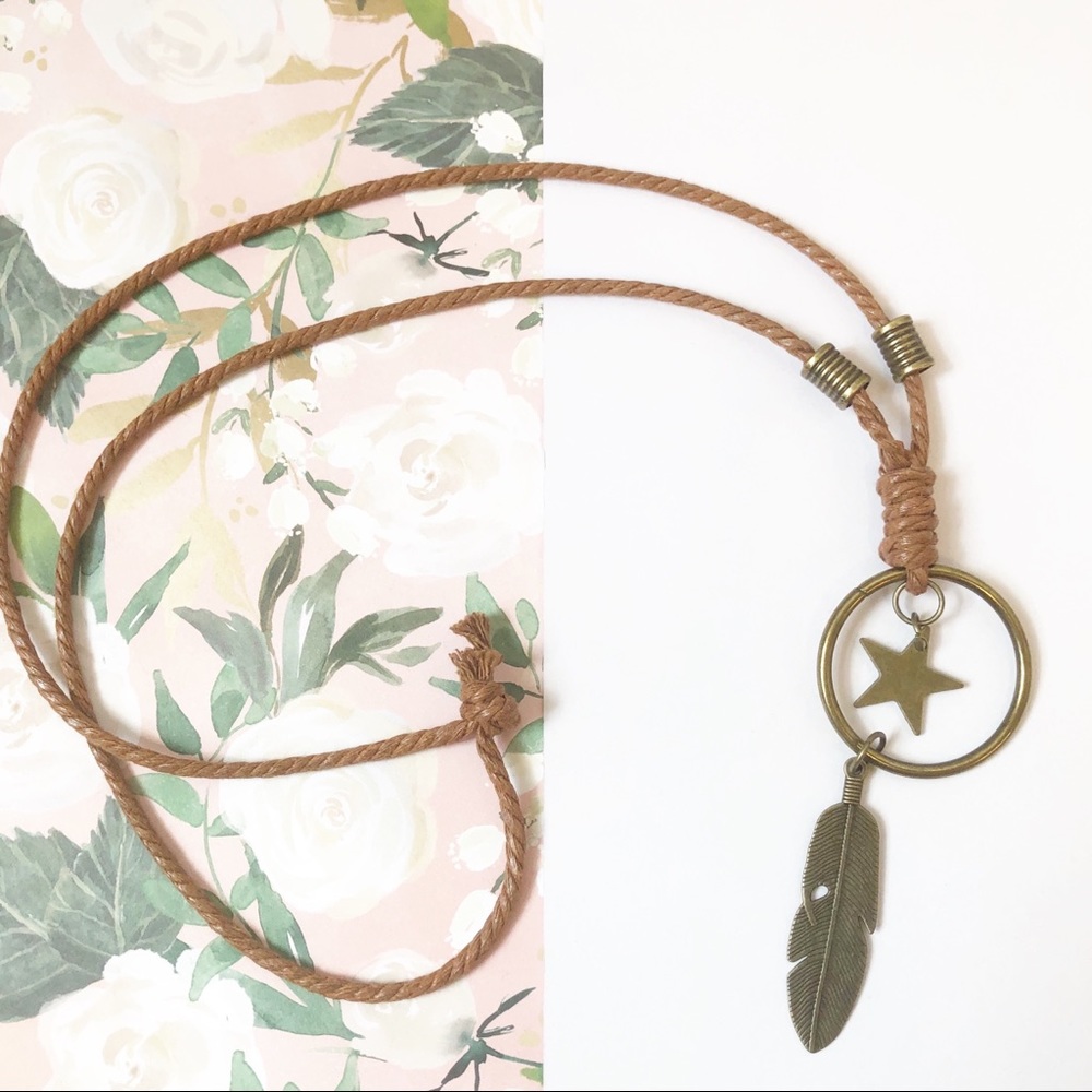 NWT Boho Chic Hem Cord Feather Charm Long Necklace